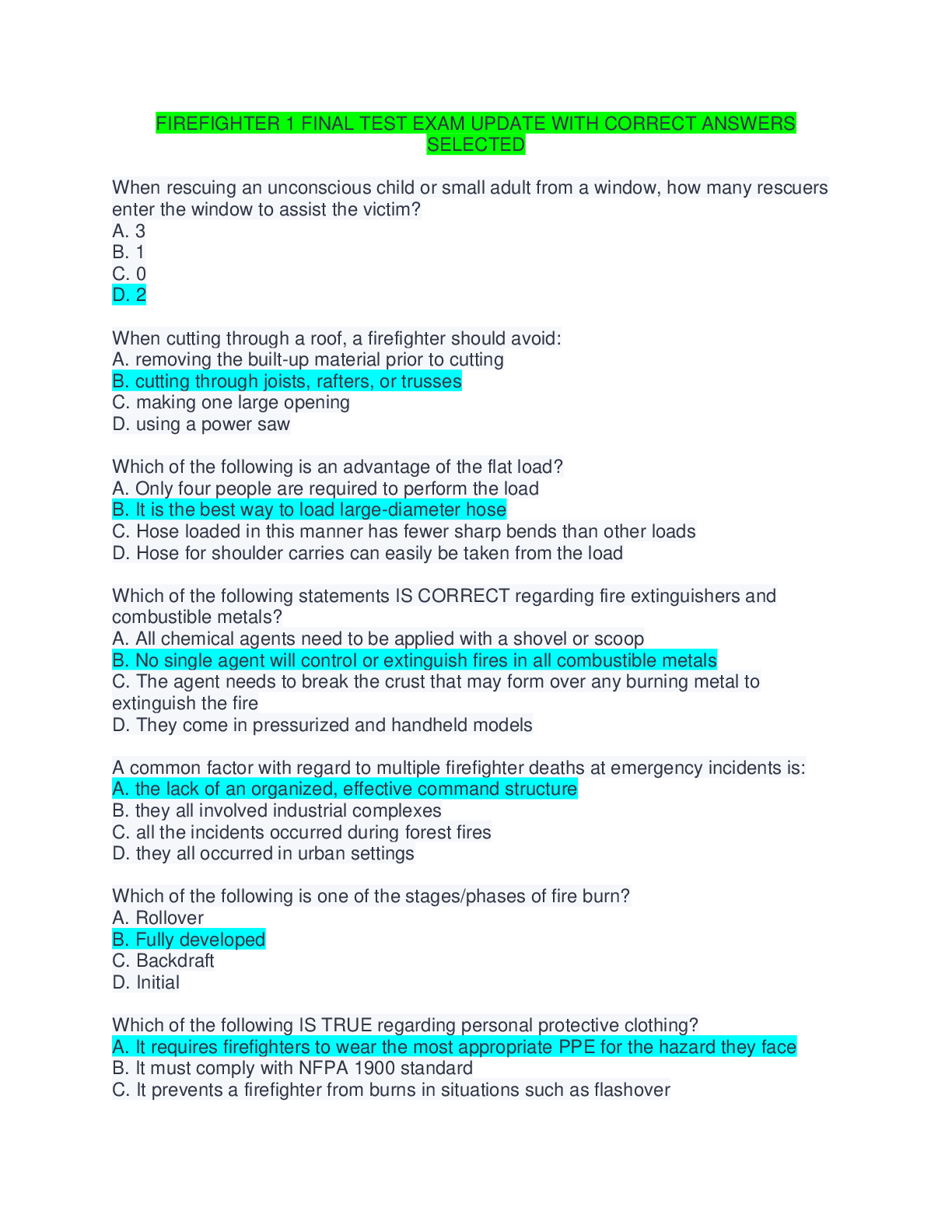 FIREFIGHTER 1 FINAL TEST EXAM UPDATE WITH CORRECT ANSWERS SELECTED